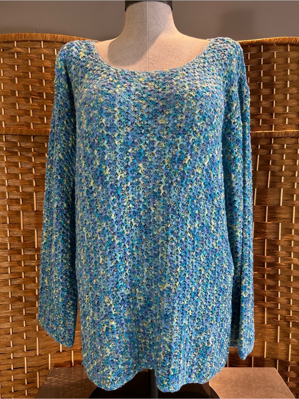 Chicos Ribbon Knit Textured Sweater Blue Space Dye Pullover Soft Cozy Medium